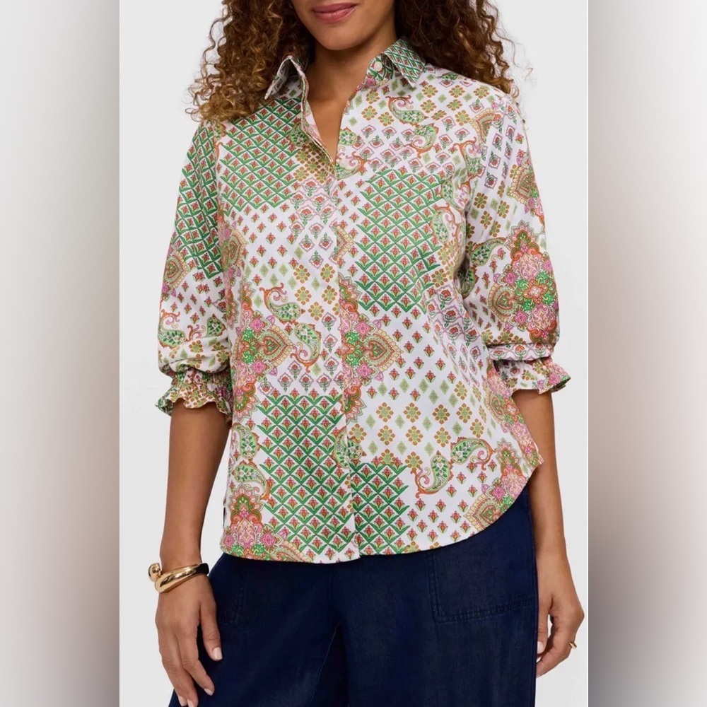 Foxtrot Olivia Patchwork Print Smocked Cuff Cotton Button-Up Shirt L